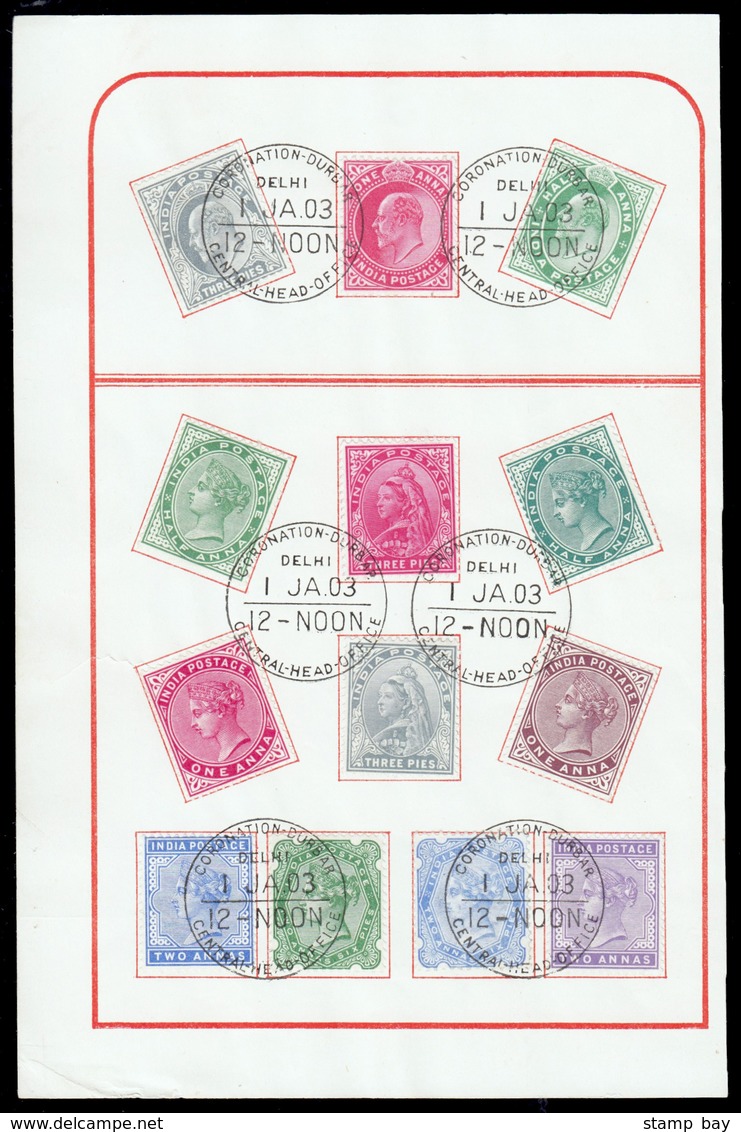India 1903 QV Stamps From ½ Anna To 5 Rupees + KEVII Stamps (SG 84/123) All Tied In Two Folder Pages With "CORONATION DU - ...-1852 Vorphilatelie