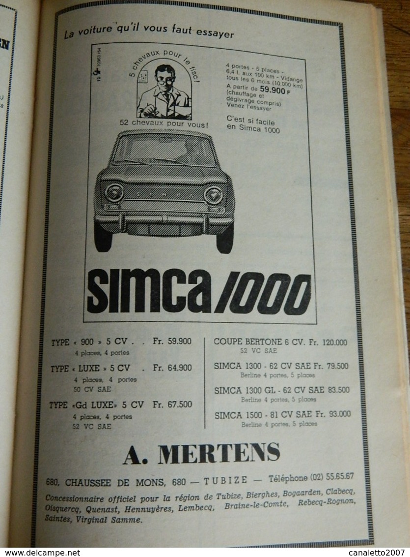 BRAINE LE COMTE:BALLE PELOTE-LES AMIS DE LA BALLE.CALENDRIER 1964  EQUIPES DE NATIONALE A-PUB VOITURE-_SOIGNIES-REBECQ..