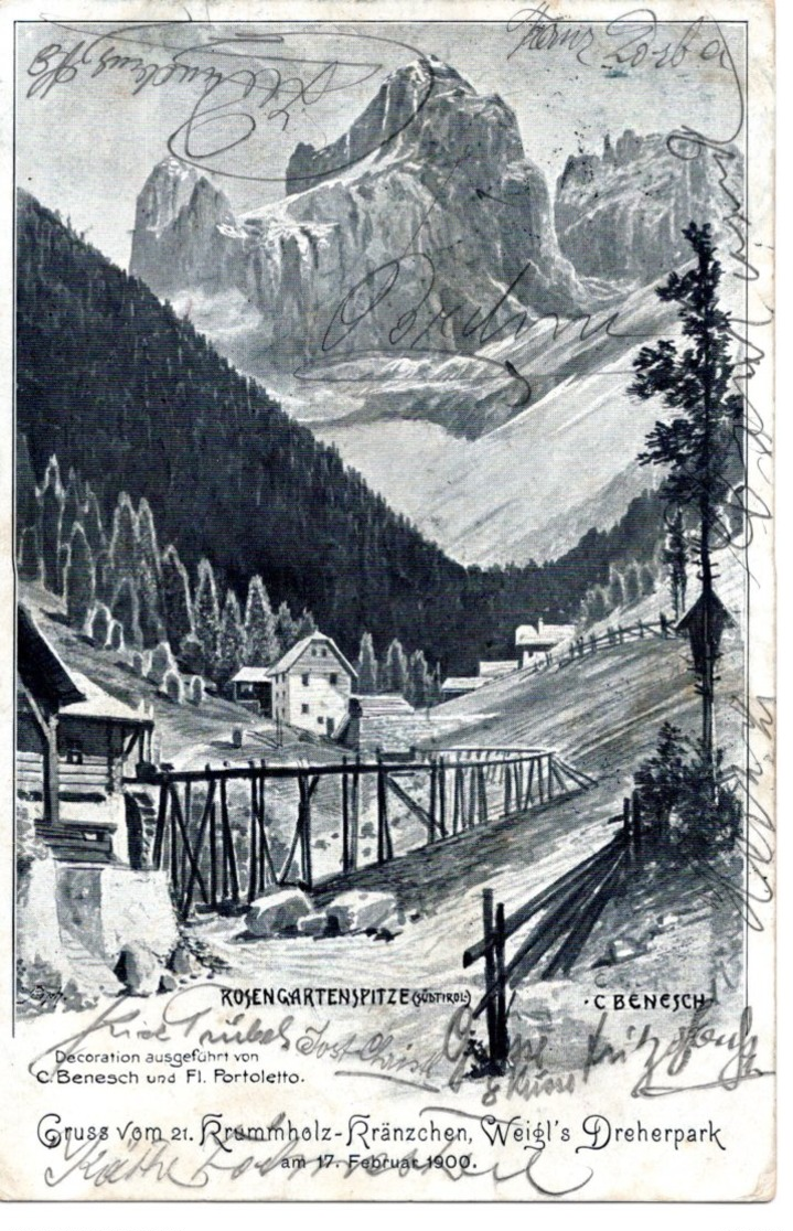 ROSENGARTENSPITZE/Cima Catinaccio, Südtirol/Trentino,Dolomiten,  Krummholz-Kränzchen, Weigls Dreherpark, 17.2.1900 - Trento