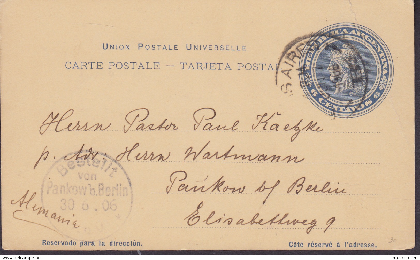 Argentina UPU Postal Stationery Ganzsache Entier 6 Centavos BUENOS AIRES 1905 PANKOW B. Berlin (Arr.) Germany - Interi Postali