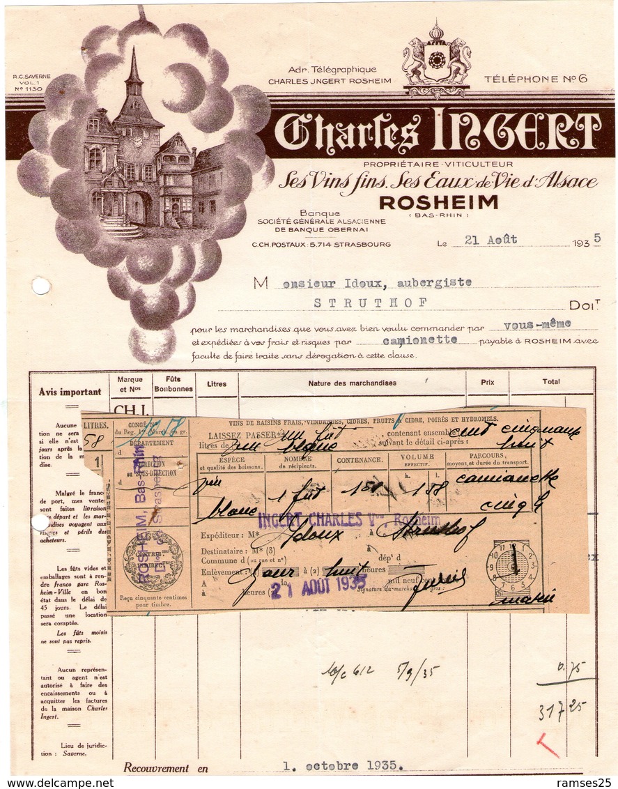 Factures .  Rosheim  .  Charles  Ingert  Vins D' Alsace  1935     (Bon Etat) - Alimentaire