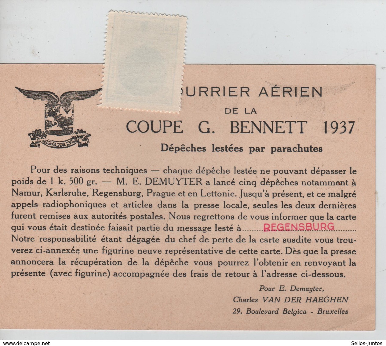 SJ136/ Courrier Aérien De La Coupe G.Bennett 1937 Avec Vignette Ballon Numérotée Message CP Perdue à Regensburg - Cartas & Documentos