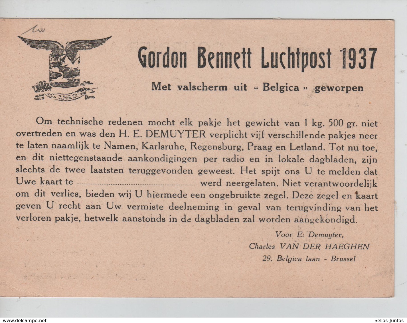 SJ136/ Courrier Aérien De La Coupe G.Bennett 1937 Avec Vignette Ballon Numérotée Message CP Perdue à Regensburg - Cartas & Documentos