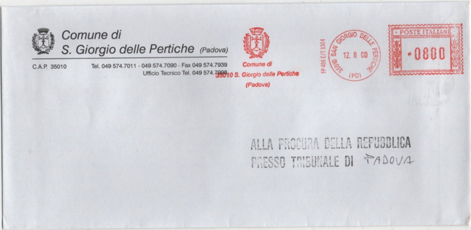 Tematica Comuni D'Italia: Affrancatura Meccanica Rossa Comune Di San Giorgio Delle Pertiche (Padova) Su Busta 12.08.2000 - Macchine Per Obliterare (EMA)