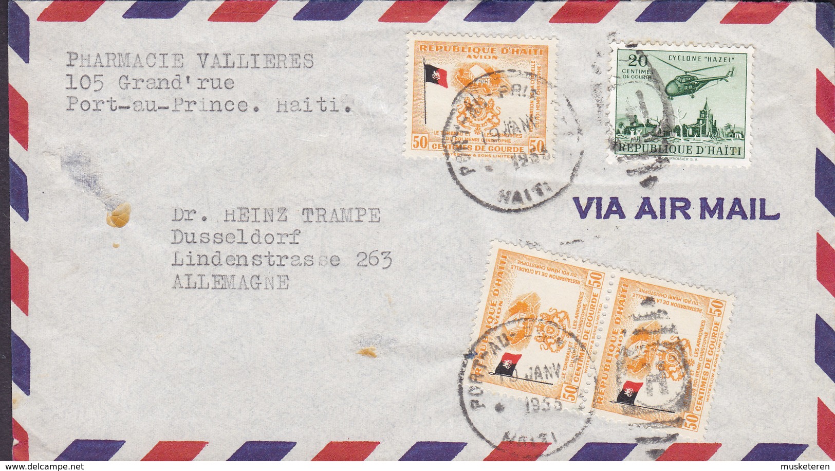 Haiti Air Mail PHARMACIE VALLIERS, PORT-AU-PRINCE 1954 Cover Lettre DÜSSELDORF Helicopter Hubschrauber 3x Flag Flagge - Haiti