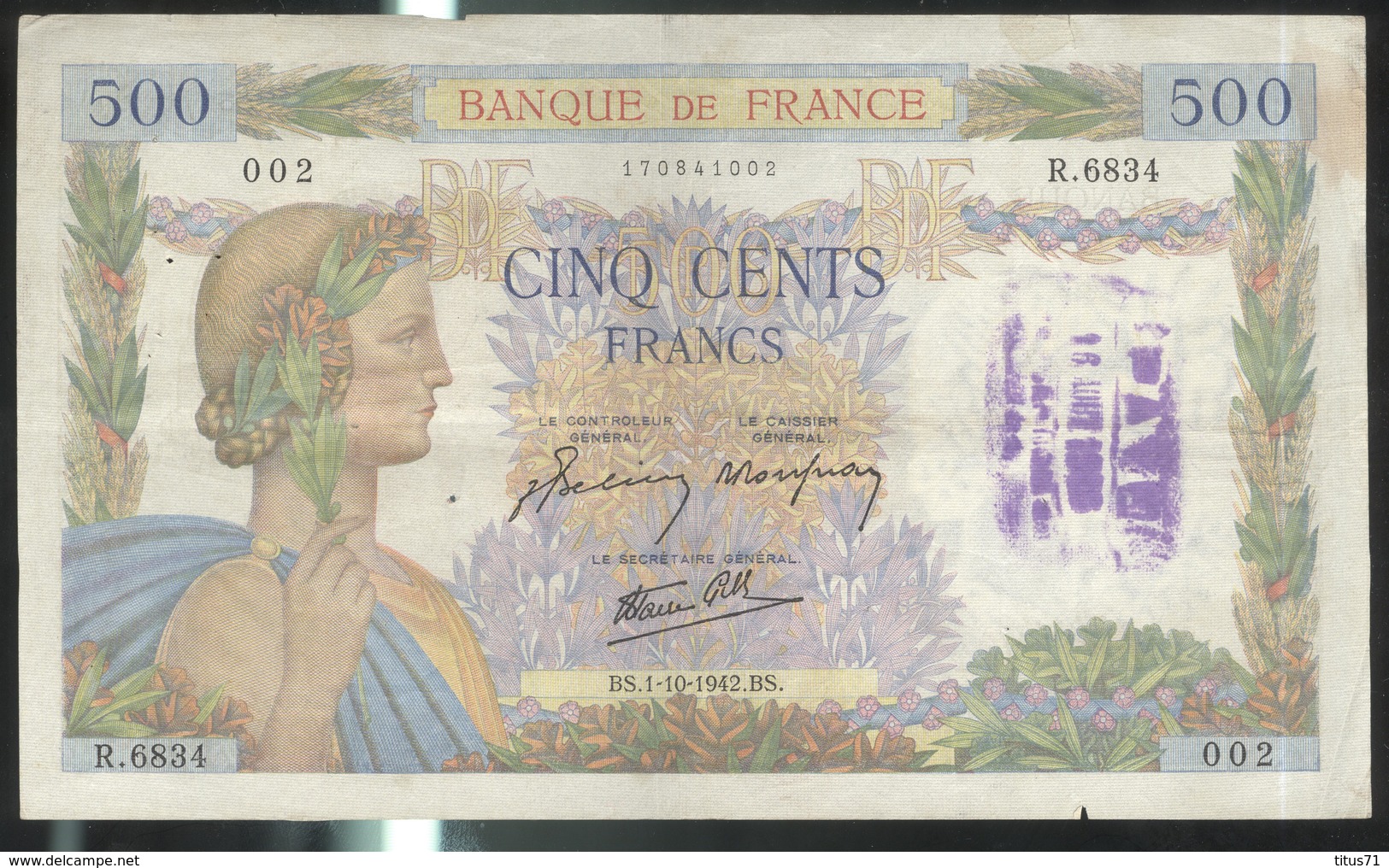 Billet 500 Francs France La Paix 1-10-1942 BS- Tampon " Payé " - 500 F 1940-1944 ''La Paix''