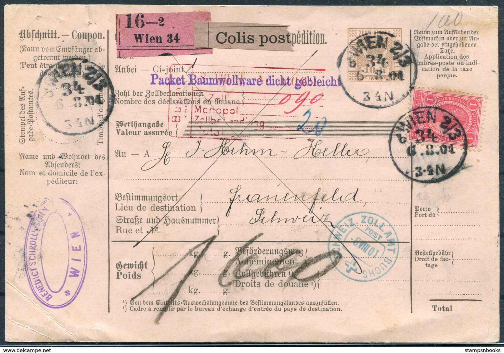 1901 Austria Parcelcard Colis Wien Packet Baumwollware - Buchs Schweiz Zollamt Post, Frauenfeld Switzerland - Covers & Documents