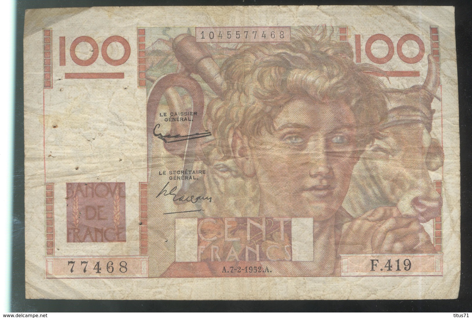 Billet 100 Francs France Jeune Paysan 7-2-1952 A Etat Moyen - 100 F 1945-1954 ''Jeune Paysan''