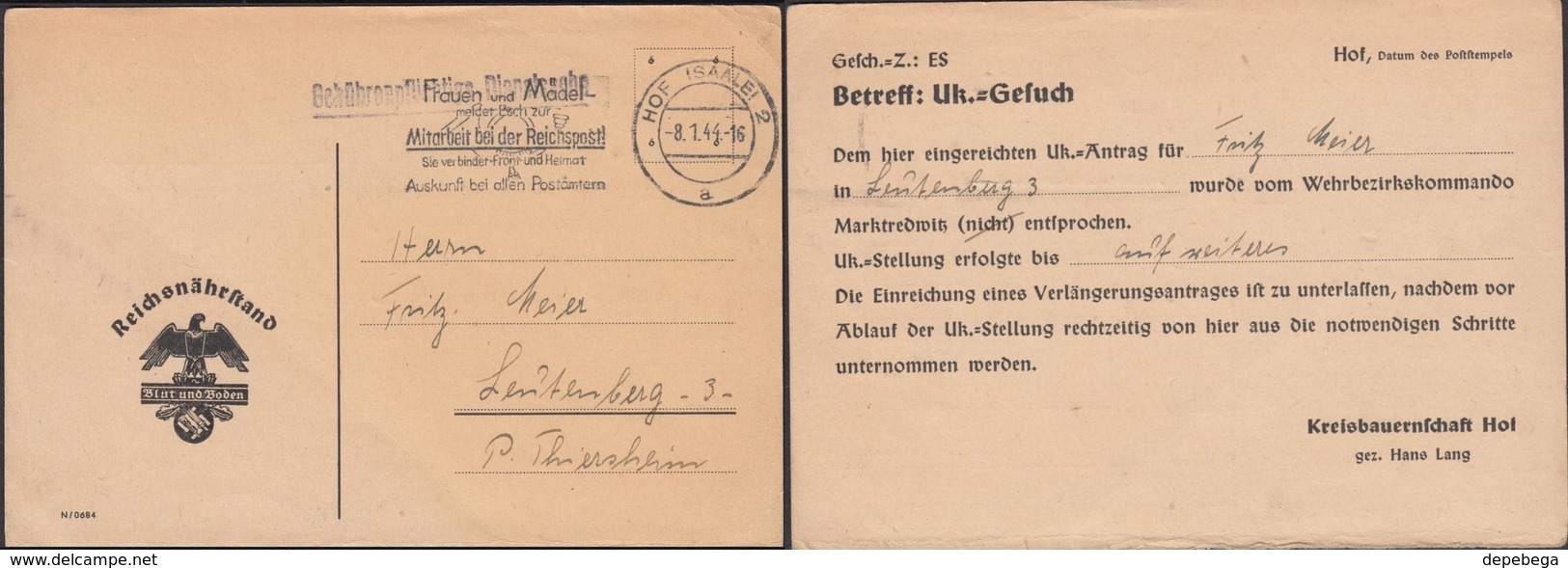 Dienstpost, Geburenpfiltige Dienstsache 'Reichsnährstand (RNST) Blut-und-Boden' - HOF (Saale) 8.1.1944. - Covers & Documents