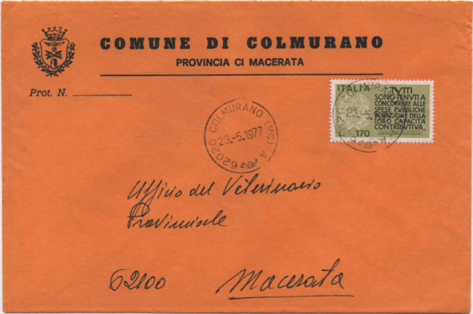 Tematica Comuni D'Italia: Capacità Contributiva £. 170 Su Busta Comune Di Colmurano (Macerata) Del 23.05.1978 - 1971-80: Storia Postale