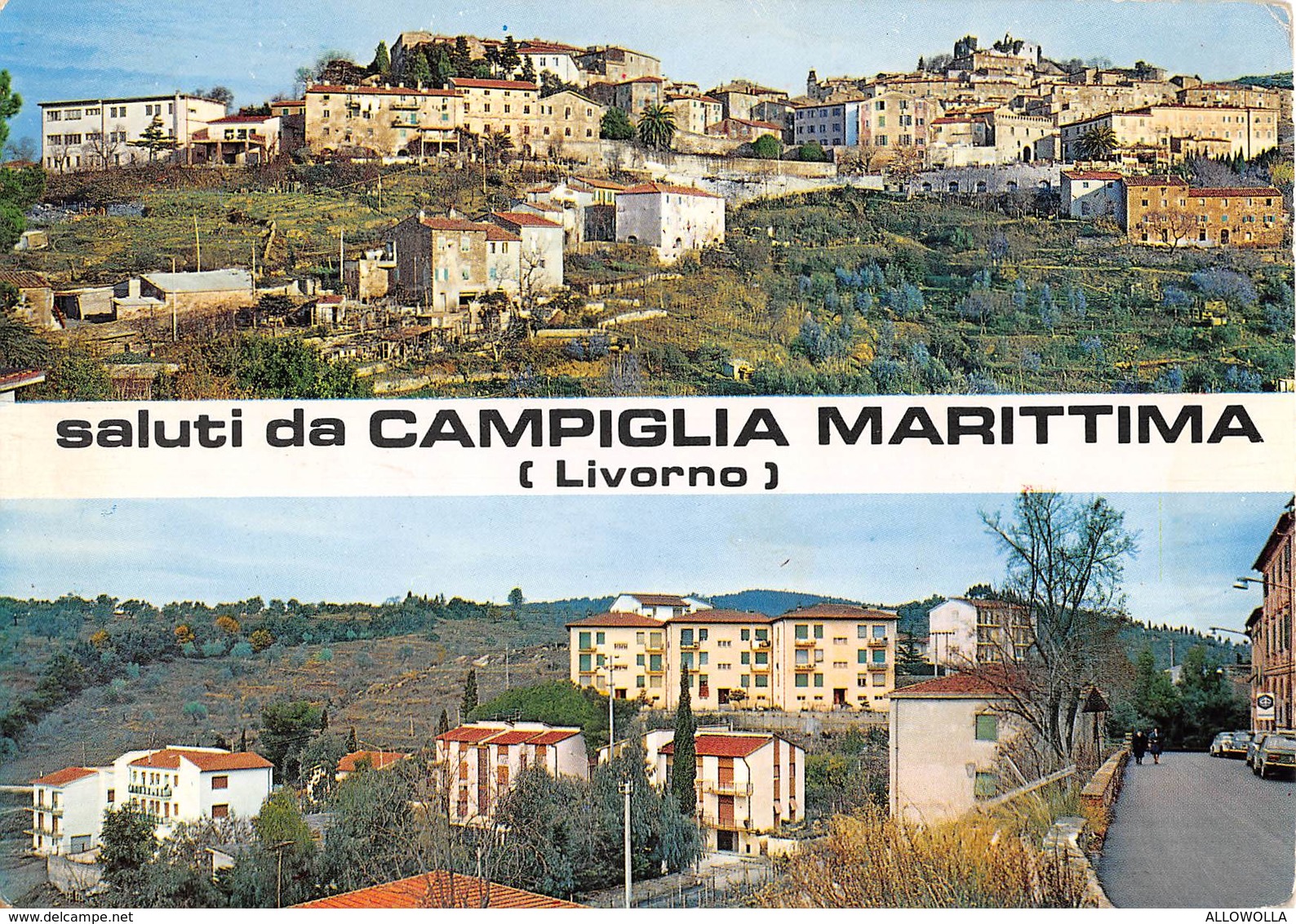 4946 " SALUTI DA CAMPIGLIA MARITTIMA(LIVORNO) "2 VEDUTE-INSEGNA PIAGGIO-CARTOLINA POSTALE ORIG. SPED.1974 - Souvenir De...