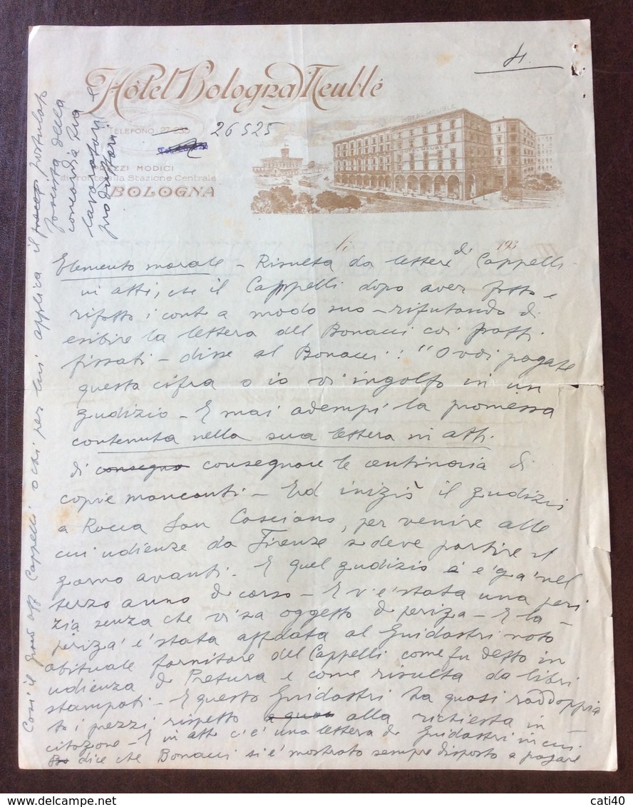 HOTEL BOLOGNA  MEUBLE' LETTERA DI (anonimo)  1930 SU "ELEMENTO MORALE" VERSO EDITORE CAPPELLI DI ROCCA S.CASCIANO .... - Pubblicitari