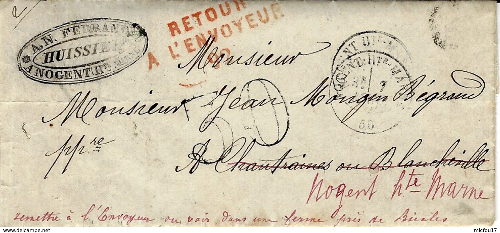 1870- Lettre De Nogent-Hte-Marne ( Haute Marne ) Cad T16  Taxe 30 Dt  Avec Retour Rouge 92 De Chanfraines - 1849-1876: Klassik