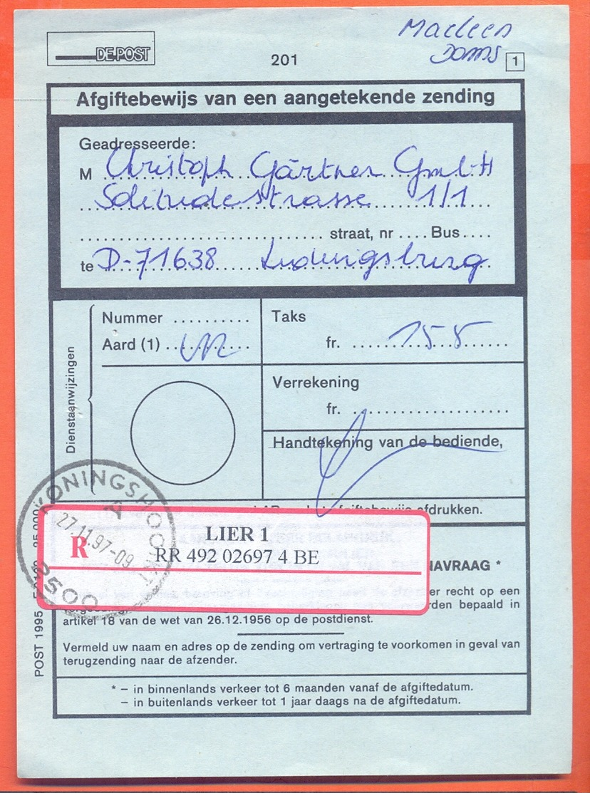 Belgie Belgique Belgium  1997 Cancel Koningshooikt LIER 1  Registered Mail Paper - Lettres & Documents