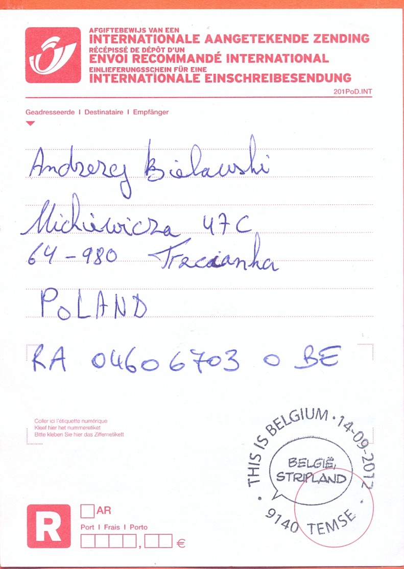 Belgie Belgique Belgium  2012  Cancel Temse België Stripland  This Is Belgium Registered Mail Paper - Covers & Documents