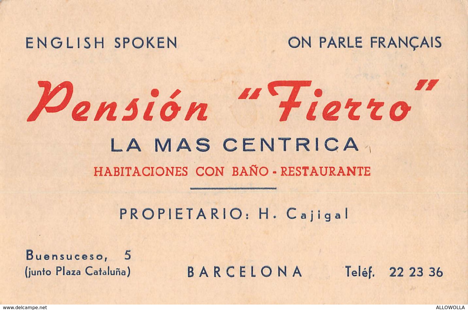 4961 " PENSION FIERRO-LA MAS CENTRICA-HABITACIONES CON BANO-RESTAURANTE-BARCELONA "CARTINA SUL RETRO - ORIGINALE - Cartoncini Da Visita
