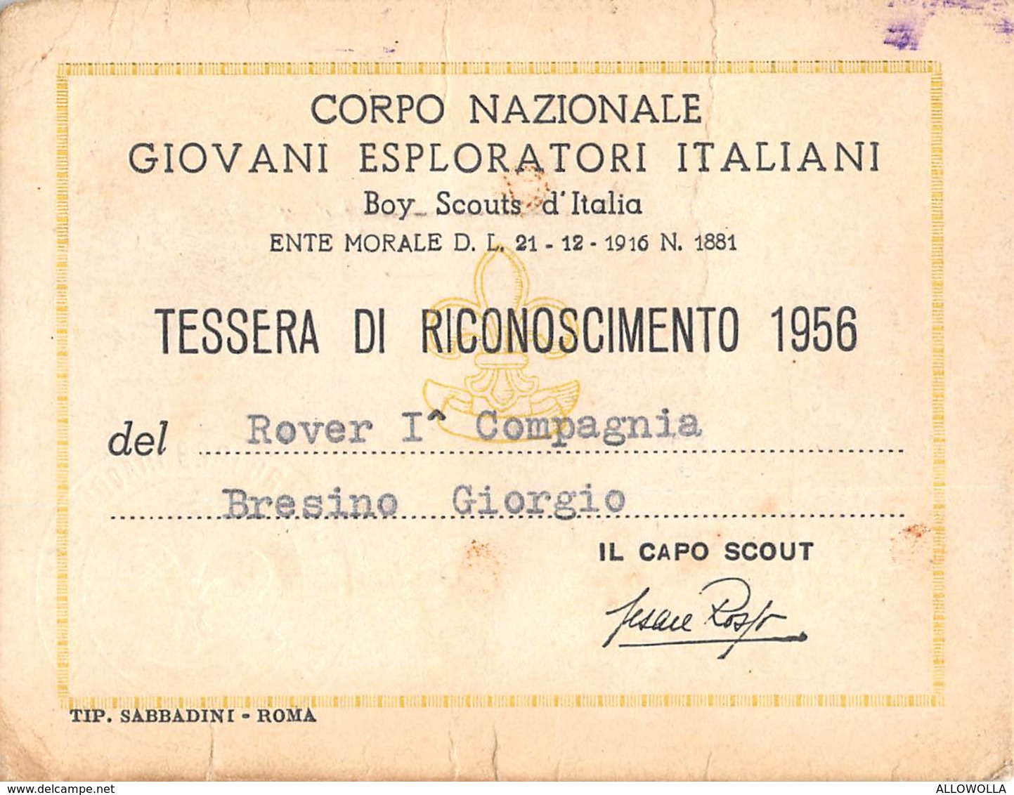 4962 " CORPO NAZIONALE GIOVANI ESPLORATORI ITALIANI-TESSERA DI RICONOSCIMENTO 1956 N° 1173 " - ORIGINALE - Non Classificati