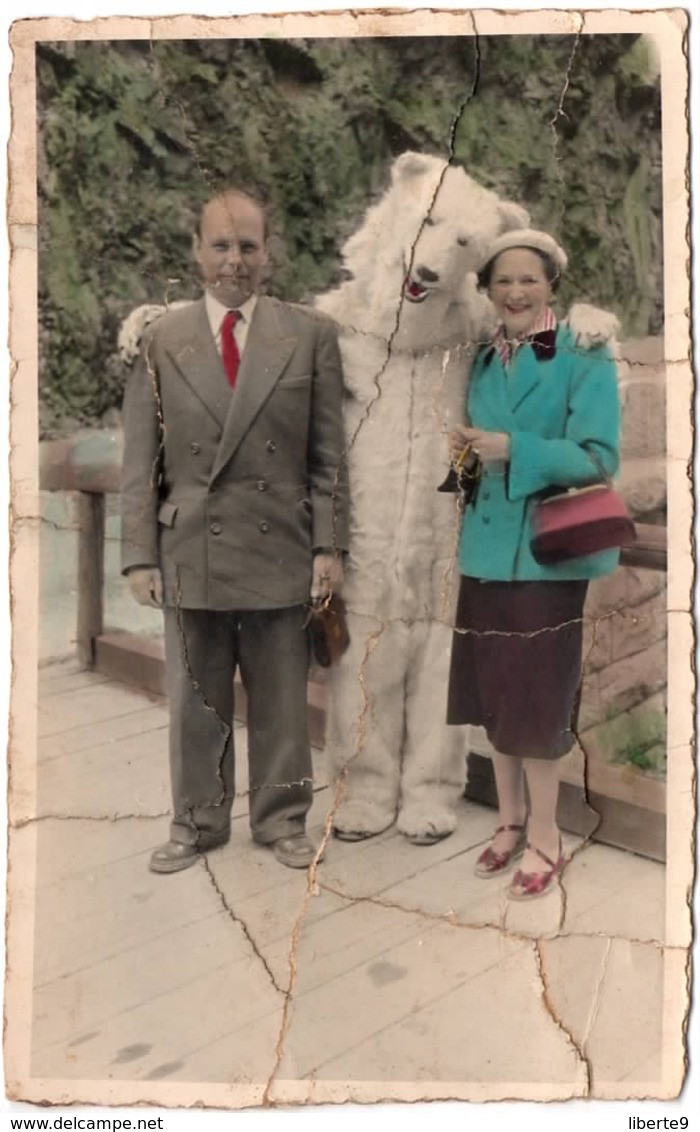 Megeve ? C.1950 Ours Blanc Avec Femme Couple Déguisement Carte Photo Coloriée - Lieux