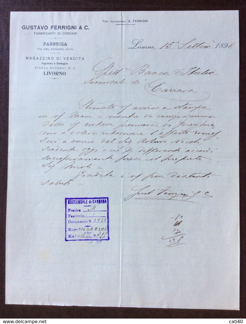 LIVORNO  15/9/1898 FABBRICA DI CORDAMI GUSTAVO FERRIGNI & C.  P.ZA MICHELI N. 9  LETTERA INTESTATA PER LA BANCA D'ITALIA - Publicités