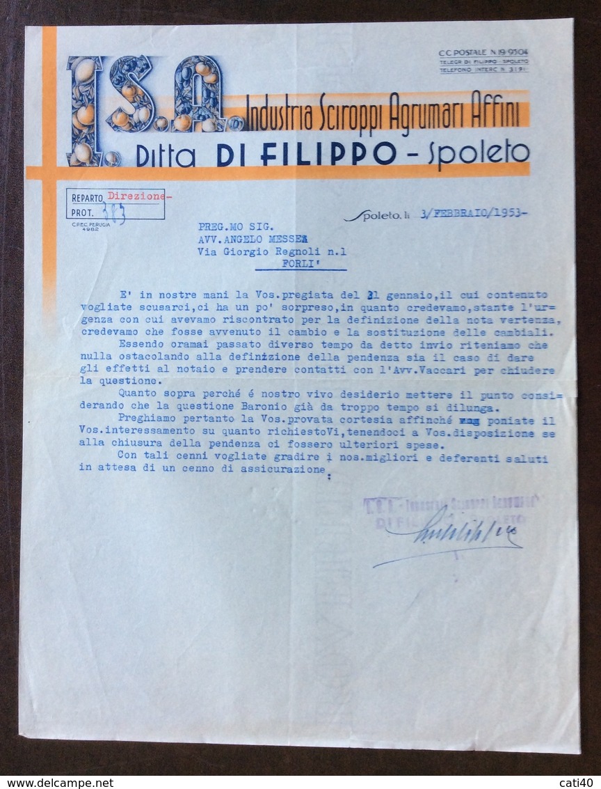 SPOLETO INDUSTRIA SCIROPPI AGRUMI E AFFINI  DITTA DI FILIPPO  LETTERA PUBBLICITARIA  DEL 16/9/1953 - Pubblicitari
