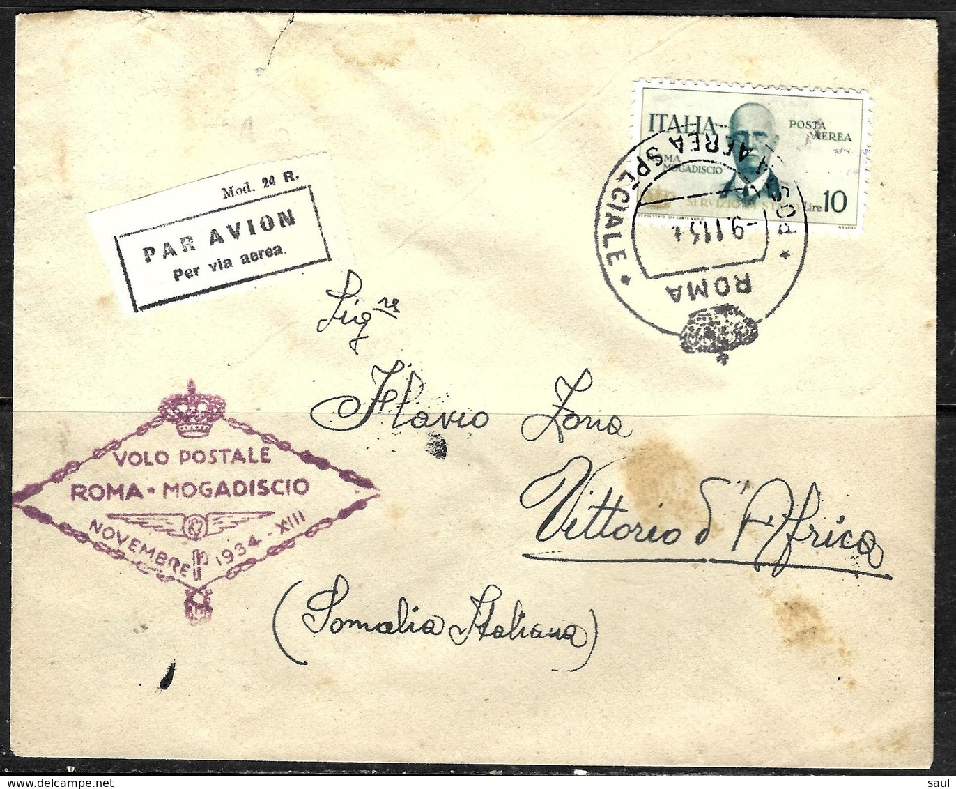 610 - ITALY - 1934 - FIRST FLIGHT TO MOGADISCIO  - COVER - FAUX, FORGERY, FALSE, FALSCH, FAKE, FALSO - Collections (sans Albums)