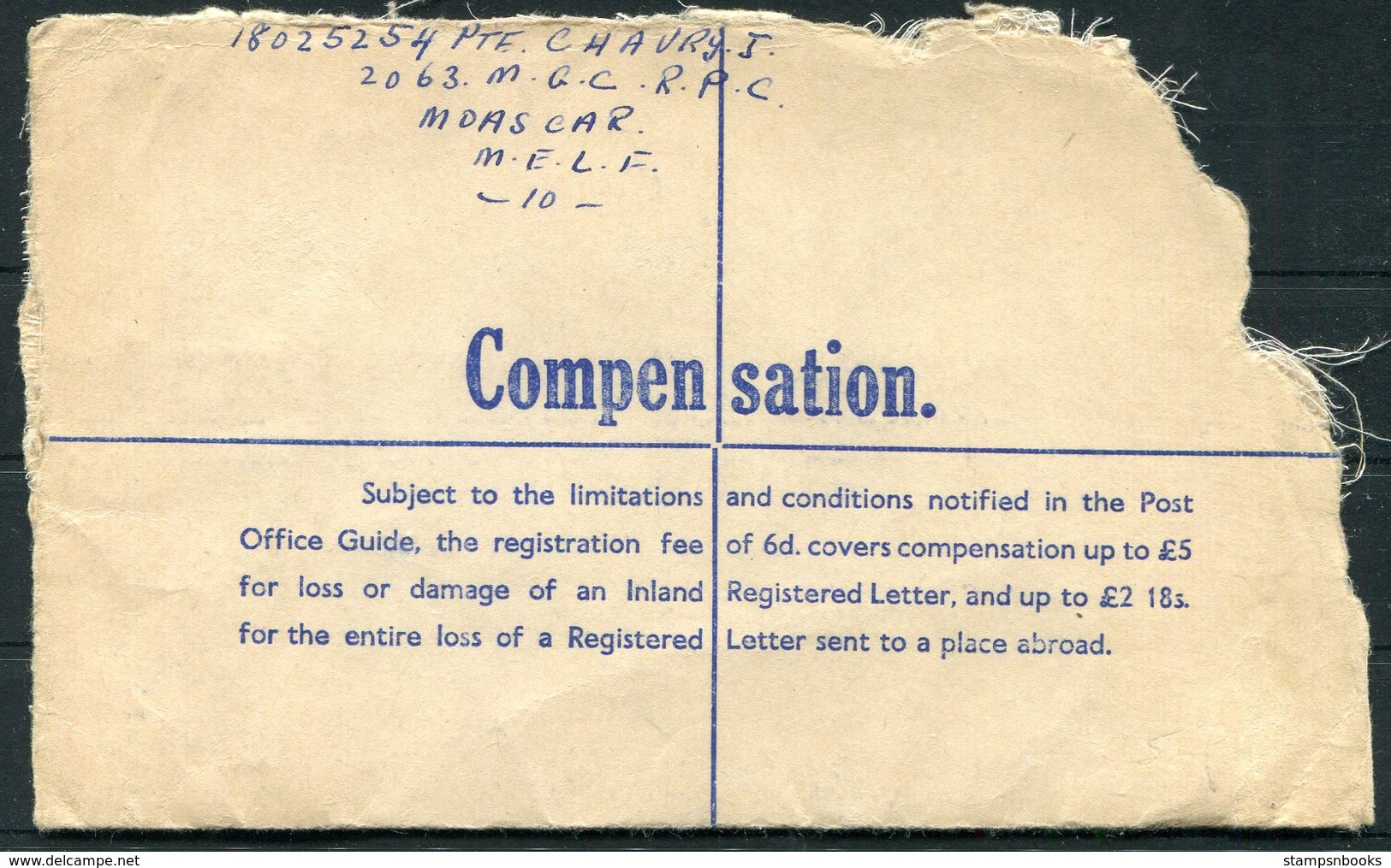 1954 GB Field Post Office Registered Cover. Royal Pioneer Corps. Moascar Egypt, Mauritian Guard Co. MELF Ismalia - Covers & Documents