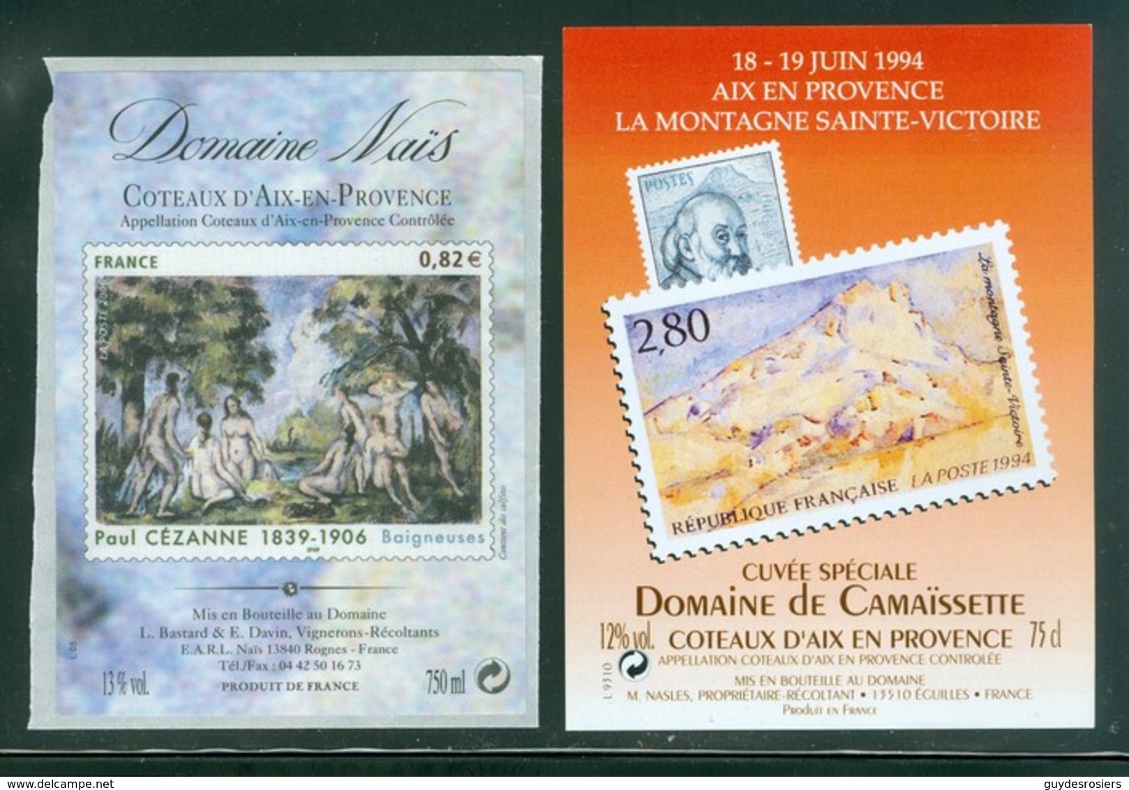 Vins; étiquettes Domaines Naïs + De Camaïssette. Paul Cézanne : Baigneuses + Montagne Sainte - Victoire (6675) - Autres & Non Classés