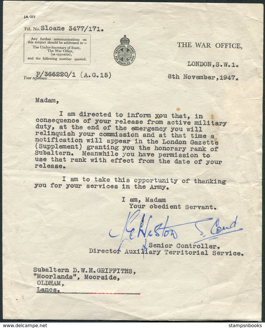 1947 Discharge Letter + Women Officers Release Book. Wren, Subaltern Griffiths, Oldham. No 2 Squadron, Scottish Command - Documents