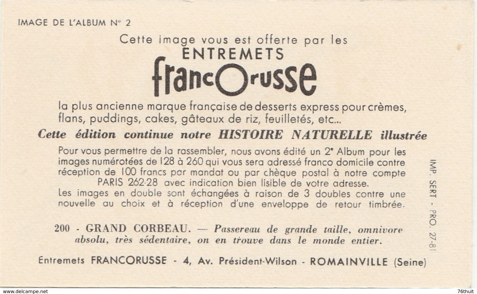 Entremets FRANCORUSSE - Album N° 2 - Image N° 200 - GRAND CORBEAU - Other & Unclassified