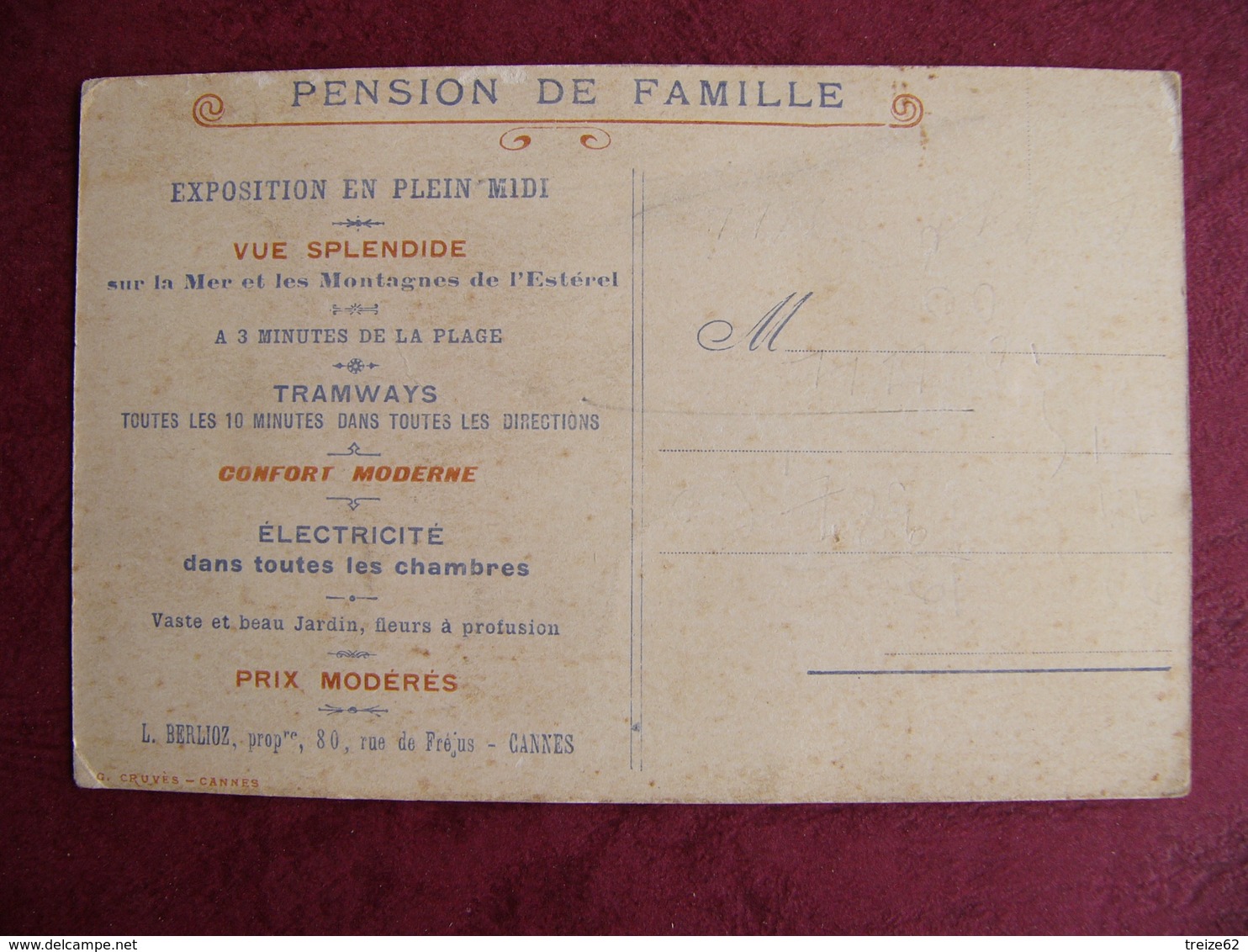 Carte De Visite Hôtel Pension De Famille Villa Saint Joseph CANNES Propriétaire L. Berlioz (famille  Hector Berlioz ) - Cartes De Visite