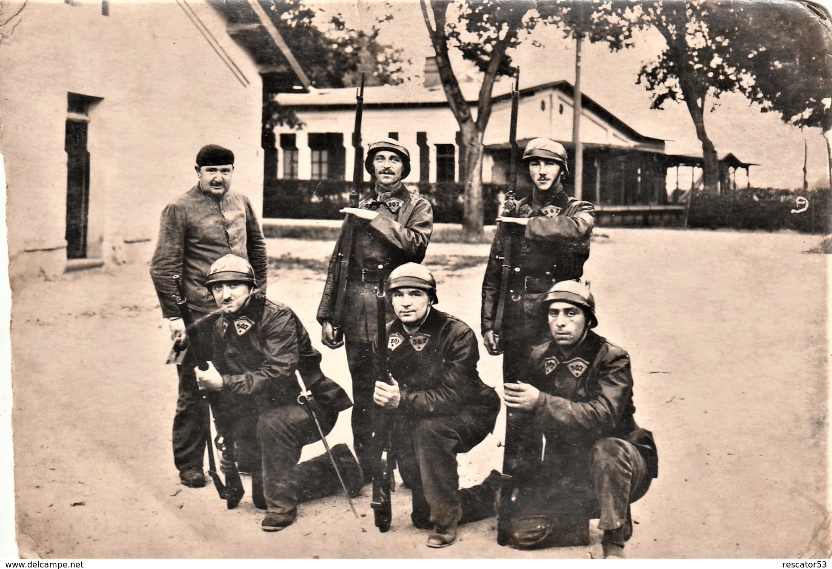 Très Rare Carte-photo Tankistes En Arme Du 507 RCC Avec Blousons Cuir Et Casques à Bandeau - 1914-18