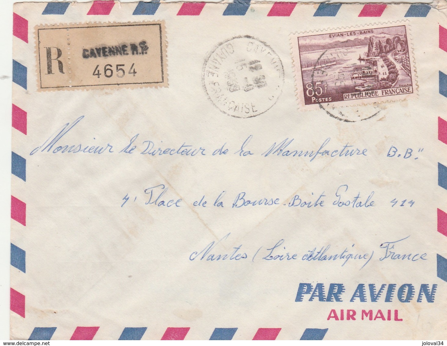 Yvert 1193 Evian Seul Sur Lettre Avion  Recommandée 4654 CAYENNE Guyane Française 15/9/1959 Pour Nantes - Lettres & Documents