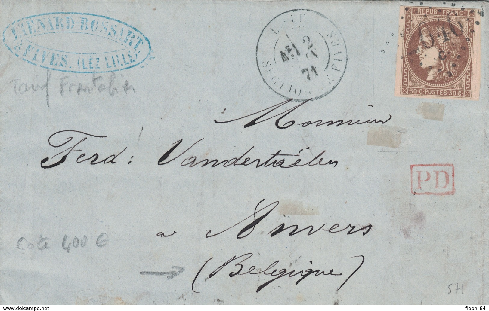 NORD - LILLE - SECTION DE FIVES - CERES DE BORDEAUX - 30c BRUN N°47 OBLITERATION GC2046 C - TARIF FRONTALIER POUR LA BEL - 1849-1876: Klassik