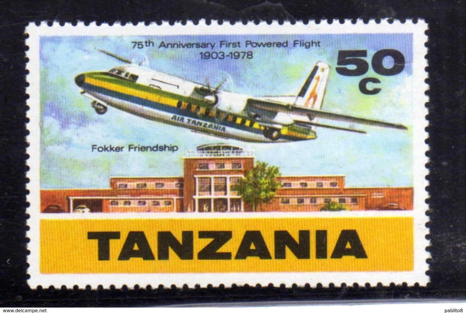 TANZANIA 1978 ANNIVERSARY OF FIRST POWERED FLIGHT FOKKER FRIENDSHIP DAR ES SALAAM AIRORT CENT. 50c MNH - Tanzania (1964-...)