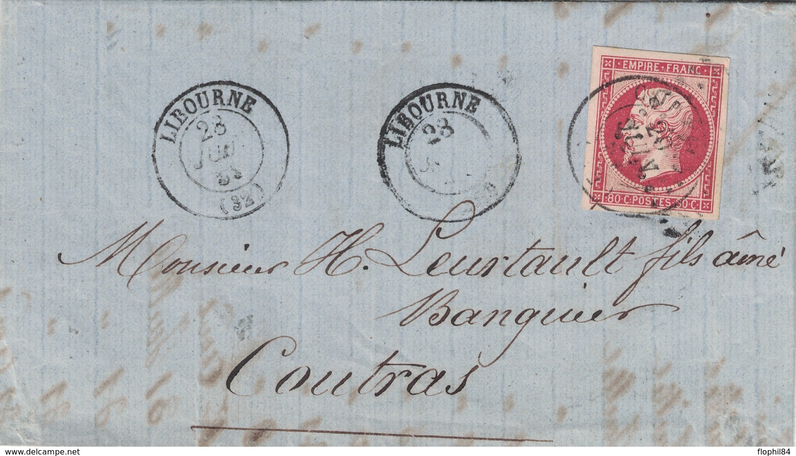 GIRONDE - LIBOURNE POUR COUTRAS - EMPIRE N°17A 80c OBLIERATION CACHET A DATE DE COUTRAS EN ARRIVEE - LETTRE DU 28-6-59 - 1849-1876: Période Classique