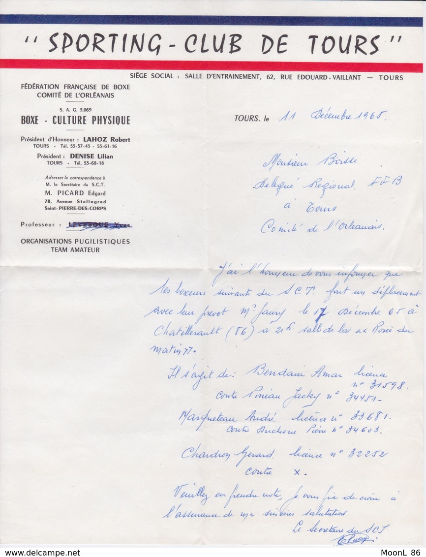 BOXE - LETTRE SPORTING CLUB DE TOURS COMITE D'ORLEANS - LISTE DES BOXEURS RENCONTRE A CHATELLERAULT - Other & Unclassified