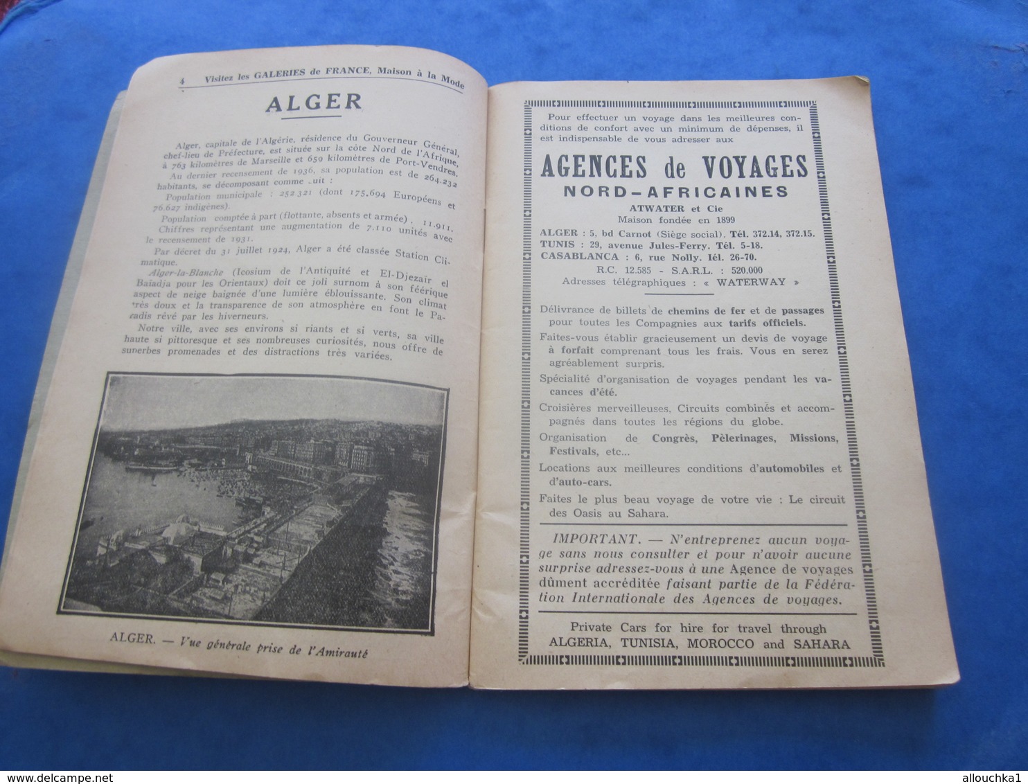 1939 ALGER PLANS GUIDE TOURISTIQUE-RUES-TRAMWAY-BUS-TRAINS-BATEAUX-PUB L’AIGLON-BRASSERIE-HÔTEL-RESTO-GALERIES DE FRANCE - Mundo