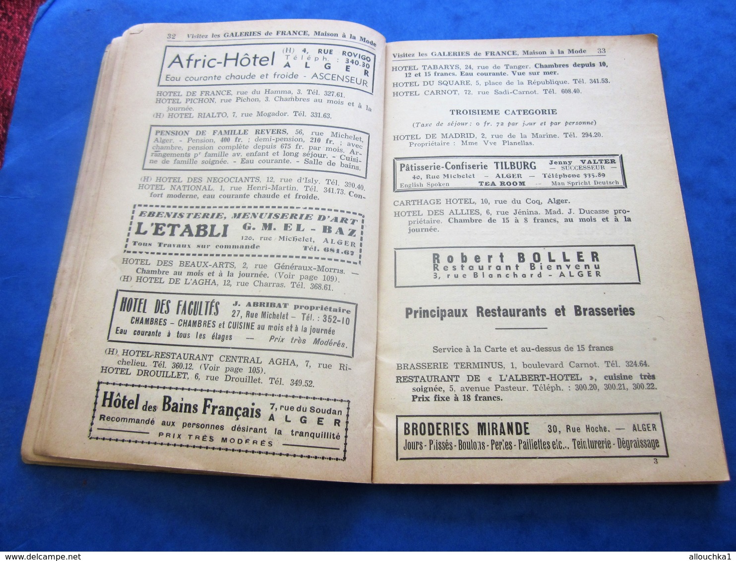 1939 ALGER PLANS GUIDE TOURISTIQUE-RUES-TRAMWAY-BUS-TRAINS-BATEAUX-PUB L’AIGLON-BRASSERIE-HÔTEL-RESTO-GALERIES DE FRANCE