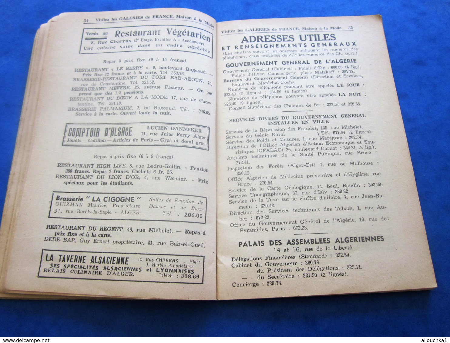 1939 ALGER PLANS GUIDE TOURISTIQUE-RUES-TRAMWAY-BUS-TRAINS-BATEAUX-PUB L’AIGLON-BRASSERIE-HÔTEL-RESTO-GALERIES DE FRANCE