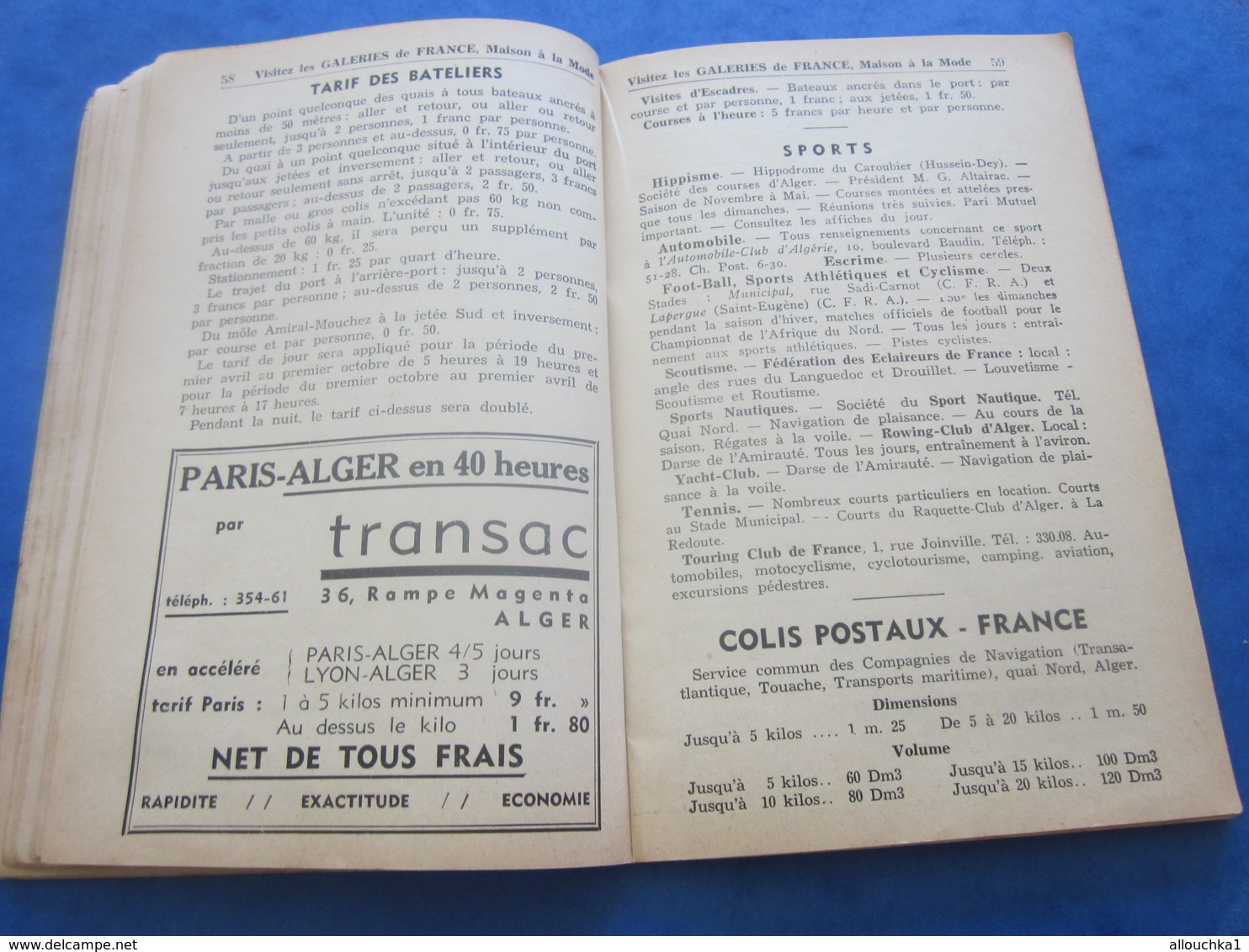 1939 ALGER PLANS GUIDE TOURISTIQUE-RUES-TRAMWAY-BUS-TRAINS-BATEAUX-PUB L’AIGLON-BRASSERIE-HÔTEL-RESTO-GALERIES DE FRANCE