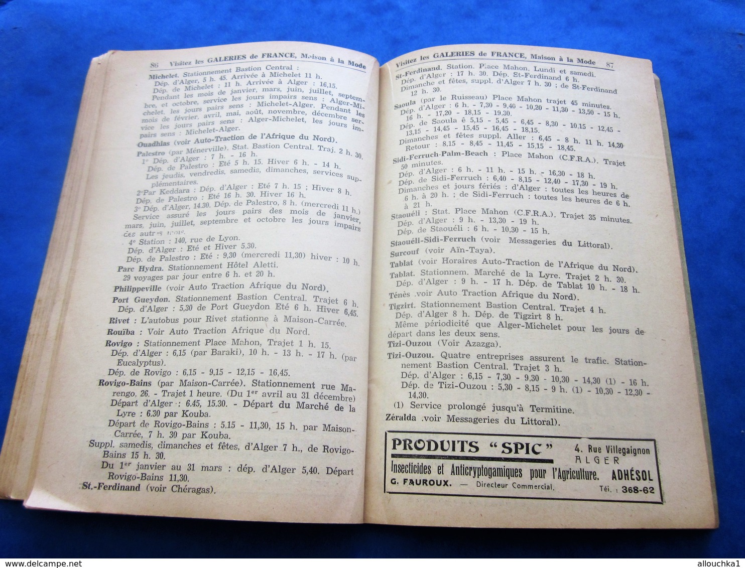 1939 ALGER PLANS GUIDE TOURISTIQUE-RUES-TRAMWAY-BUS-TRAINS-BATEAUX-PUB L’AIGLON-BRASSERIE-HÔTEL-RESTO-GALERIES DE FRANCE