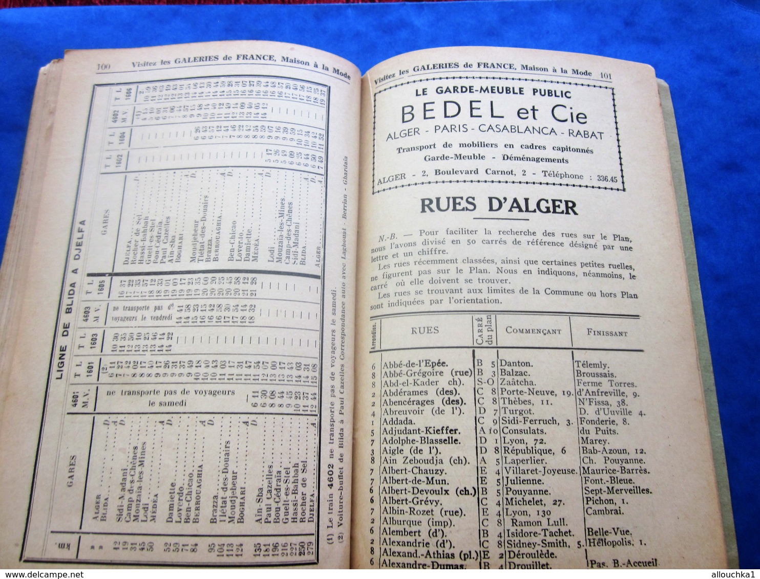 1939 ALGER PLANS GUIDE TOURISTIQUE-RUES-TRAMWAY-BUS-TRAINS-BATEAUX-PUB L’AIGLON-BRASSERIE-HÔTEL-RESTO-GALERIES DE FRANCE