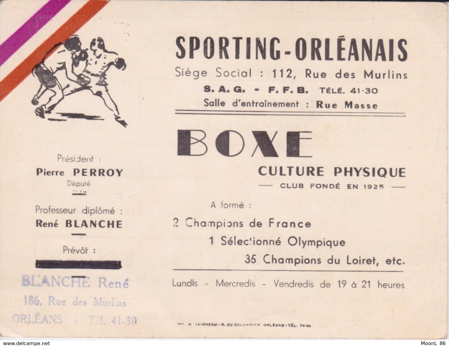 BOXE - CARTE DE VISITE - SPORTING ORLEANAIS - LOGO DE BOXEURS - PUBLICITE AU DOS CULTURE PHYSIQUE - Sonstige & Ohne Zuordnung