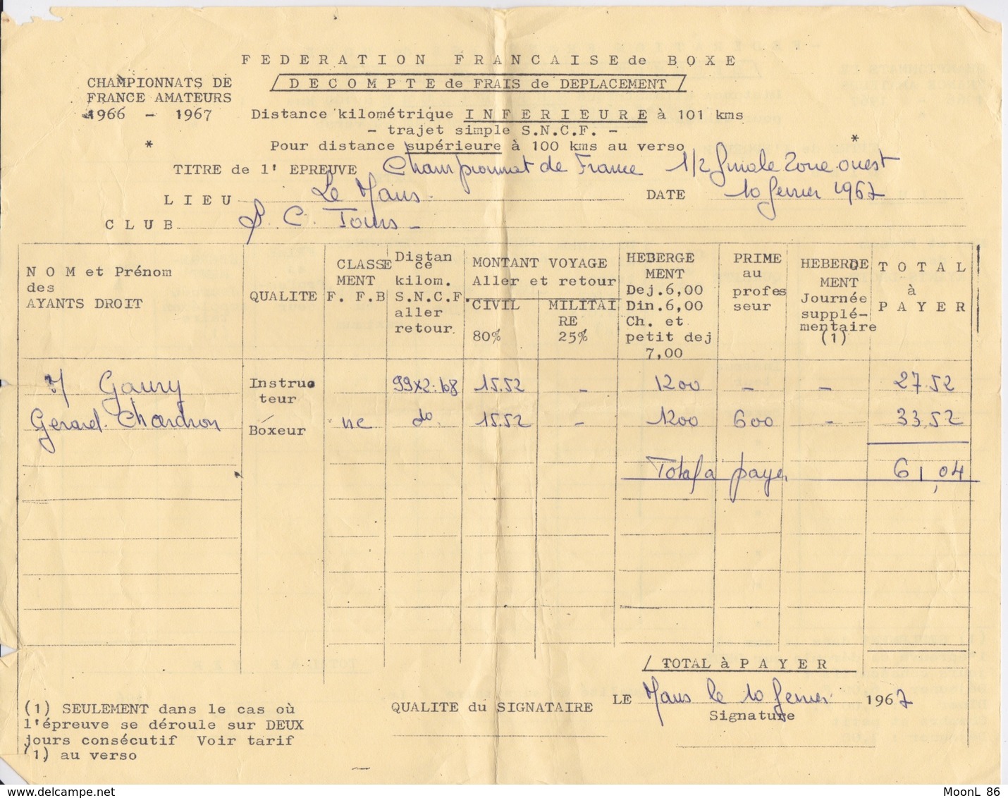 BOXE - FEUILLE DE COMPTE DE FRAIS DEPLACEMENT CHAMPIONNAT DE FRANCE AMATEUR DE BOXE 1966 - 1967 - LE MANS 72 - Autres & Non Classés