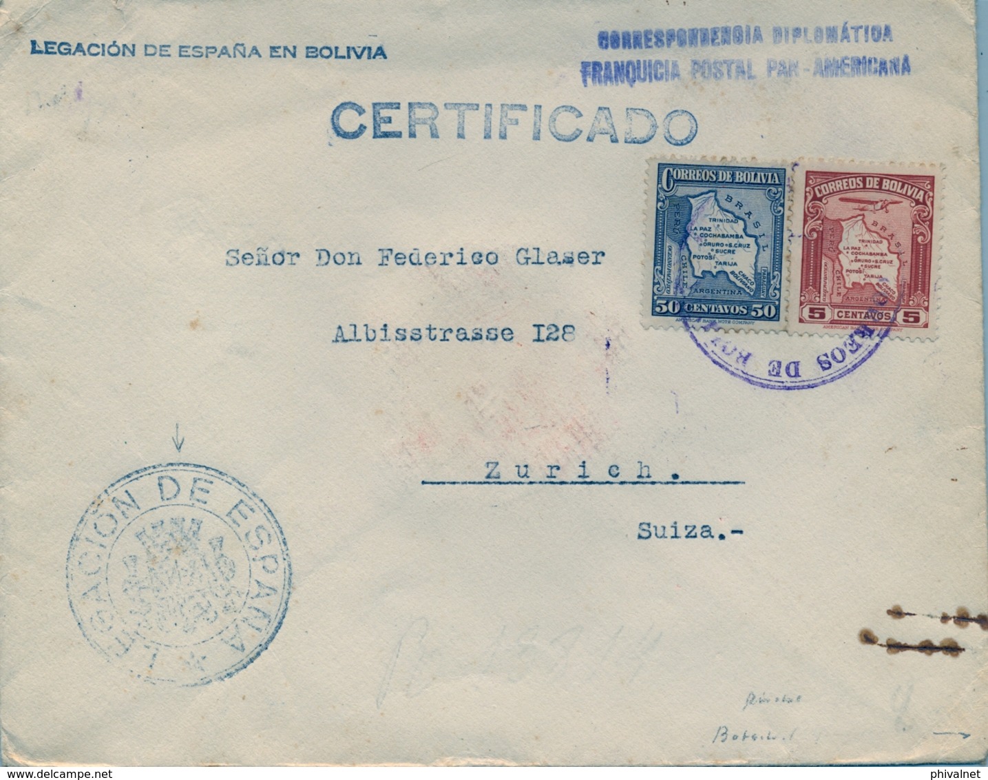 1935  BOLIVIA , SOBRE CERTIFICADO , CORREO CONSULAR , LEGACIÓN DE ESPAÑA EN BOLIVIA , FRANQUICIA POSTAL PANAMERICANA - Bolivia