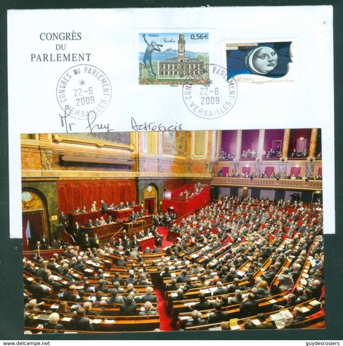 Congrès Du Parlement, Versailles. Carte Postale + Enveloppe Oblitérée Du Congrès; 22 Juin 2009 (6822) - Autres & Non Classés