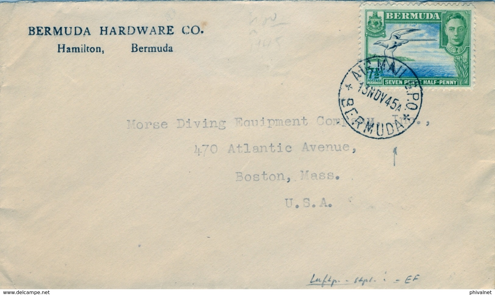 1945  BERMUDA , SOBRE CIRCULADO , HAMILTON - PHILADELPHIA , YV. 112  , BIRDS - AVES / PHAETON , MAT. AIR MAIL G.P.O. - Bermudas