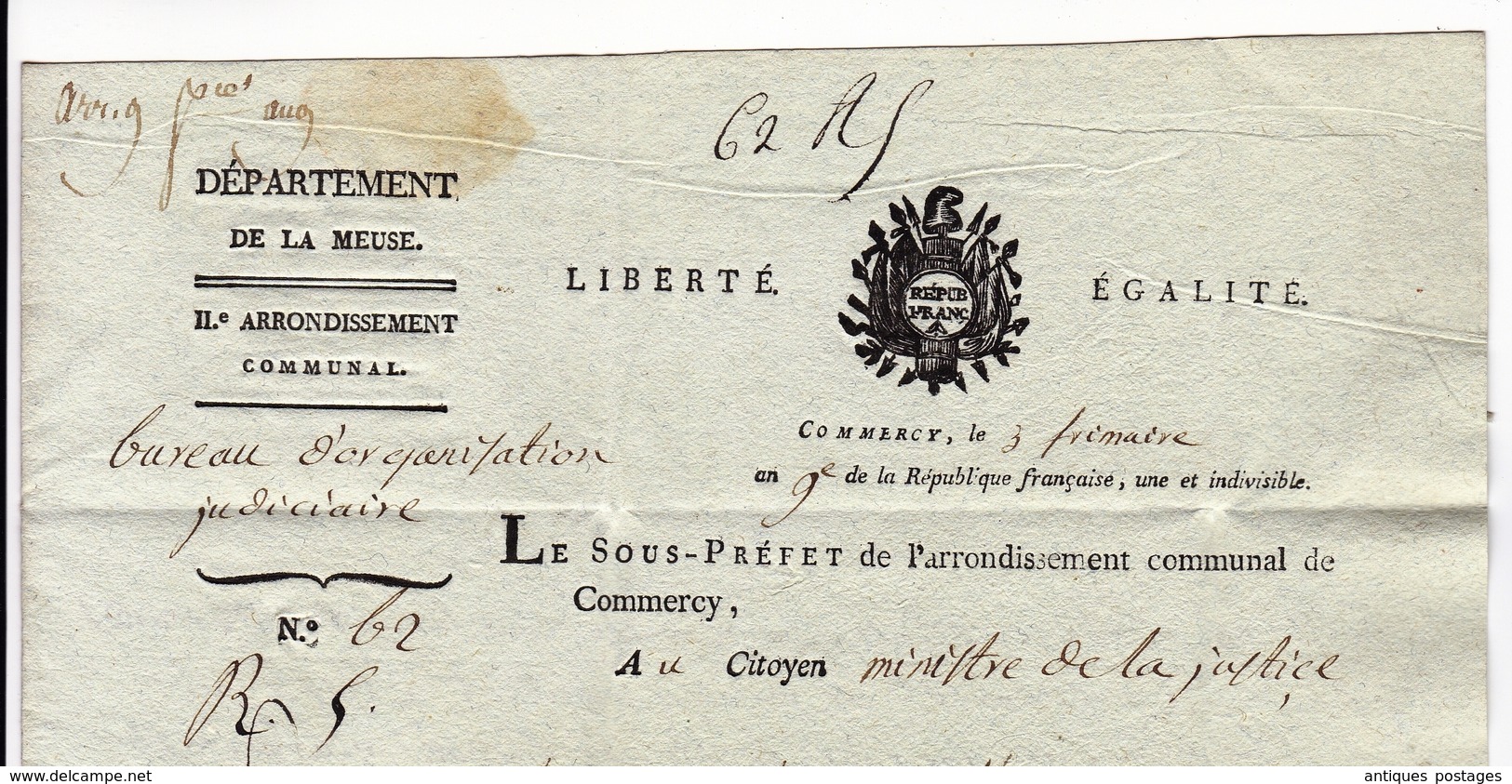 Lettre Commercy 1800 Sous Prefecture De La Meuse Sous Préfet Hussenot Ministère De La Justice - 1701-1800: Précurseurs XVIII