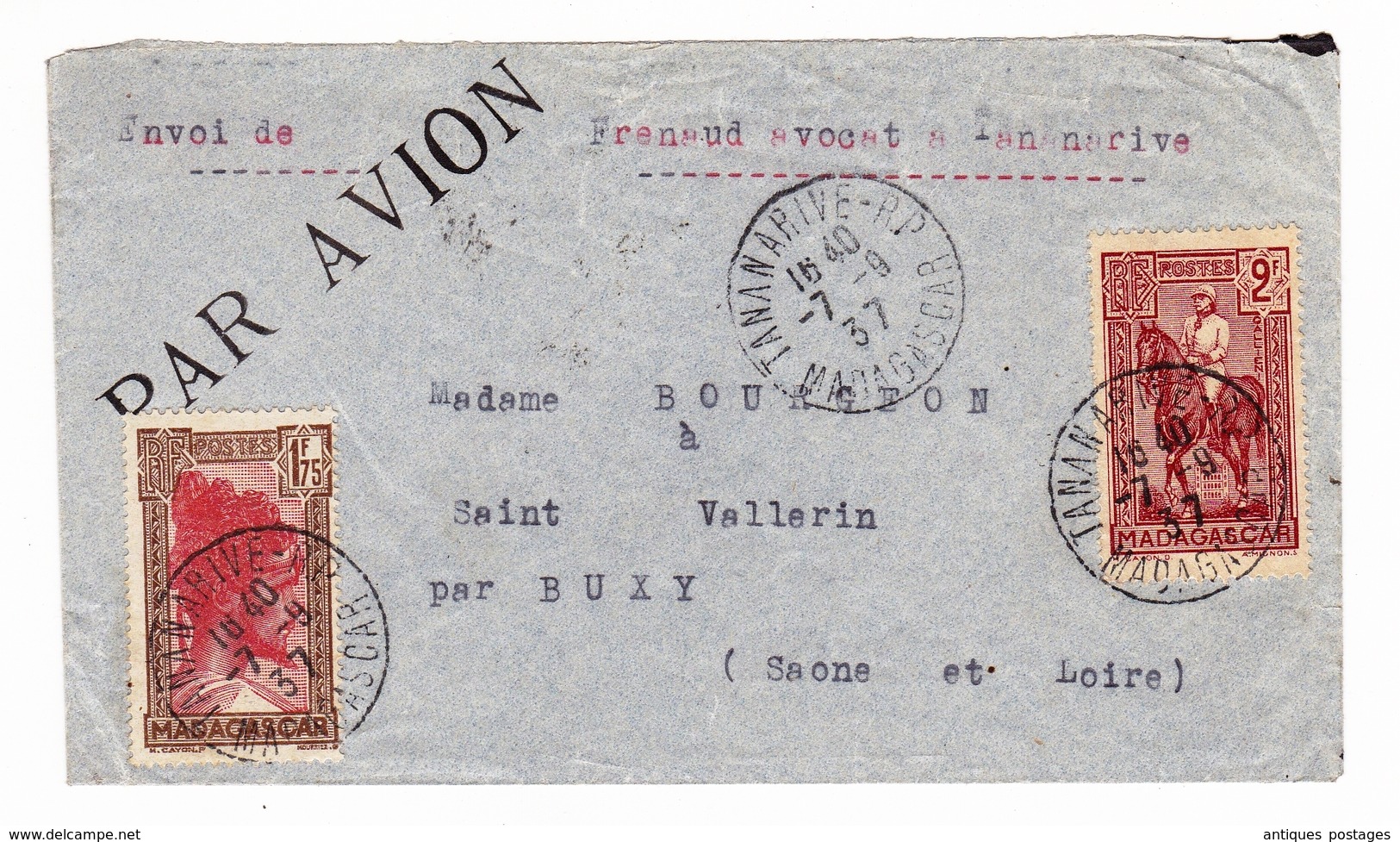 Lettre 1937 Tananarive Antananarivo Madagascar Frenaud Avocat Buxy Sâone Et Loire - Lettres & Documents