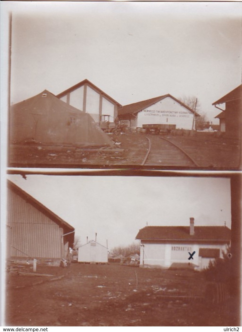 Foto Deutsches Materiallager - Bahnhof - Werschetz - Serbien - LKW Bahn - Doppelfoto - 1. WK - 11,5*8,5cm  (42692) - Krieg, Militär